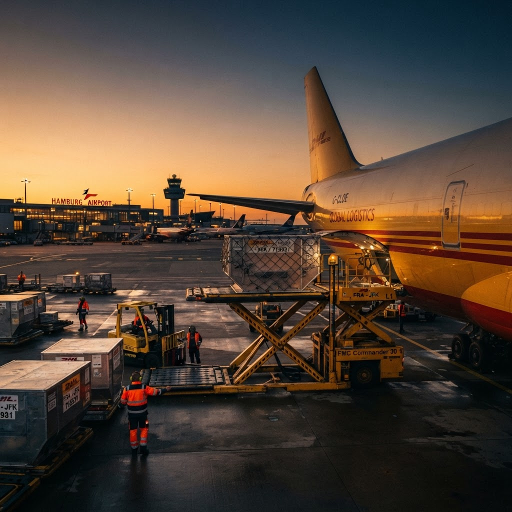 Cargo airplane being loaded with freight at an international airport
