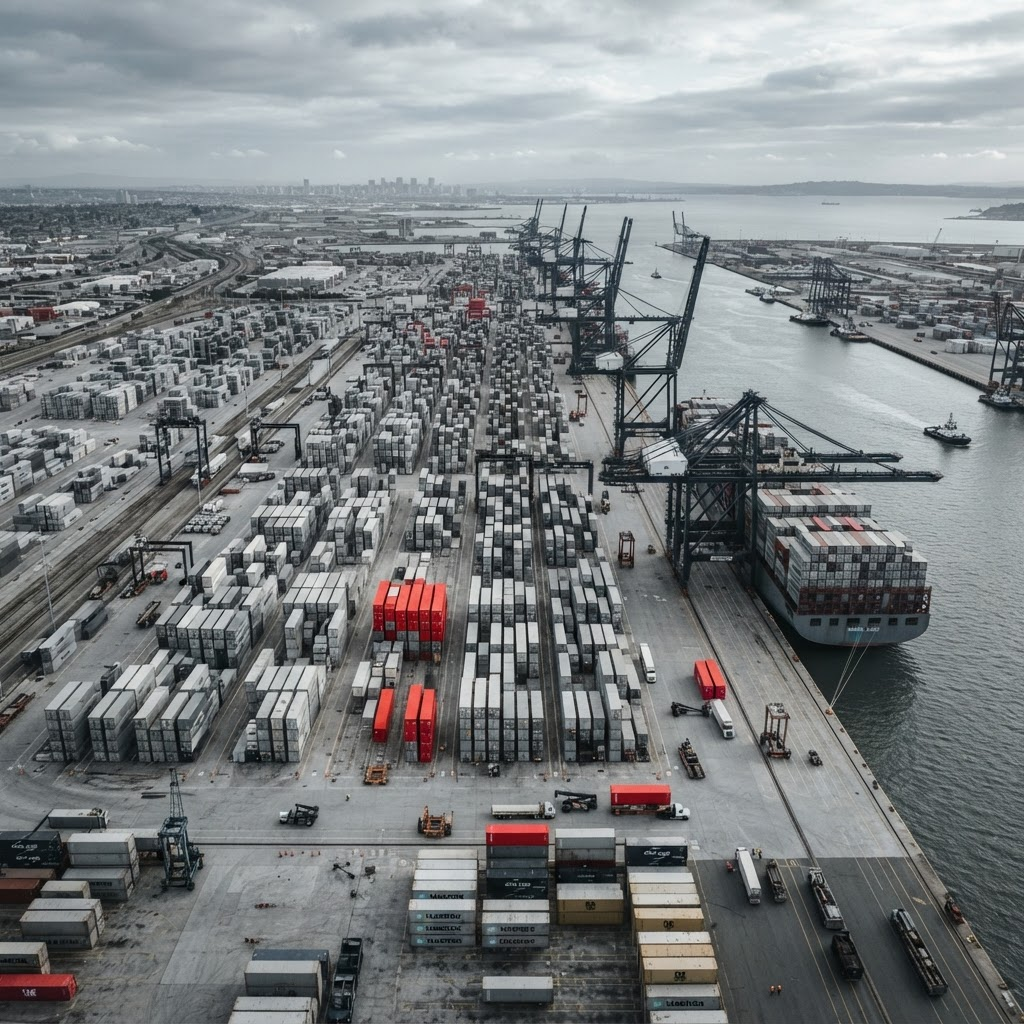 International container port at golden hour